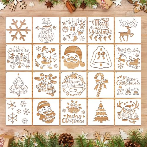 20 Stück Malen Schablonen Weihnachten, ZoneYan Kunststoff Weihnachtsschablonen Set, Schneeflocke Malschablonen, Weihnachts Zeichenschablonen, Kinder Schablonen Weihnachts, Weihnachten Malschablonen