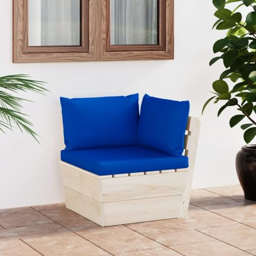QJBSAVVA Gartensofa Eckmodul aus imprägniertem Fichtenholz 60x60 cm mit blauen Palettenkissen Modernes Design robust und wetterfest kleine Couch für Balkon Terrasse und Wohnzimmer