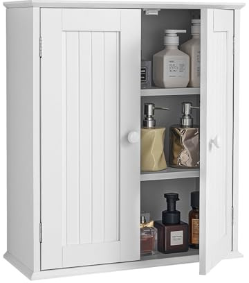 VEVOR Armario de Pared para Baño 3 Niveles, con 2 Puertas y Estantes Ajustables, Ideal para Colocar sobre el Inodoro y Colgar en la Cocina o el Baño, Aglomerado + MDF, Blanco, 536 x 244 x 610 mm