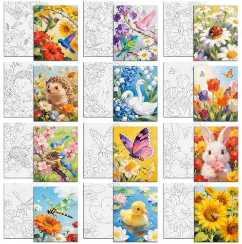 MAYJOYDIY 12 Stück Tier Blumen Vorbemalte Leinwand zum Malen Vogel Libelle Leinwand für Erwachsene 25x20cm Sonnenblume Hase Biene DIY Malerei Kunst Leinwand Zubehör für Anfänger Party Mitbringsel