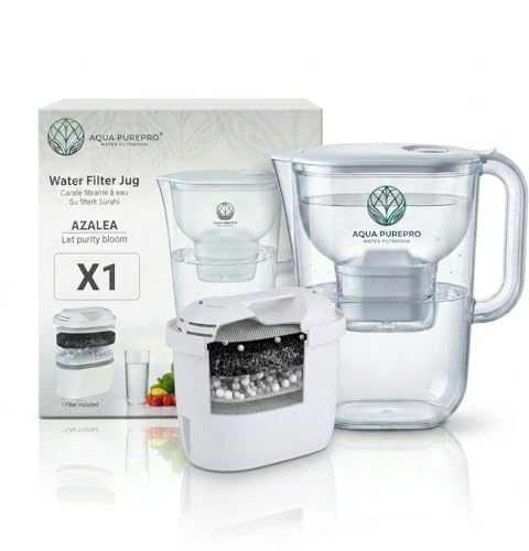 Aqua PurePro Azalea Water Filter Jug 2.4L – Inc 1 X AQUAPRO+ high performance Catridges – BPA-Free Premium Carafe – Reduces Chlorine, Limescale & Odours – Ideal for Tap Water