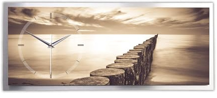 Kreative Feder Chill Out Steg 3D Design-Wanduhr im Querformat – eleganter Silberrahmen – leises Funkuhrwerk – Handarbeit Made in Germany (WAA320, 25x60cm; leises Funkuhrwerk)