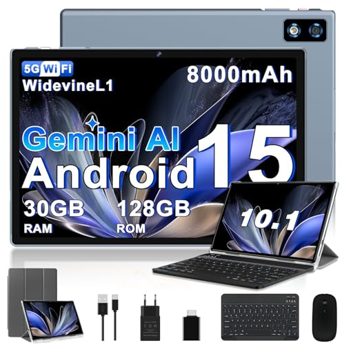 2026 Tablet 10.1 pollici Gemini AI Android 15,30 GB RAM + 128 GB ROM (TF 2TB), 8000 mAh, 2GHz Octa-Core/Widevine L1/5 + 8 MP/OTG/GMS/GPS, 5G Wi-Fi, BT 5.0, Tablet con Tastiera+Custodia+Mouse-Grigio