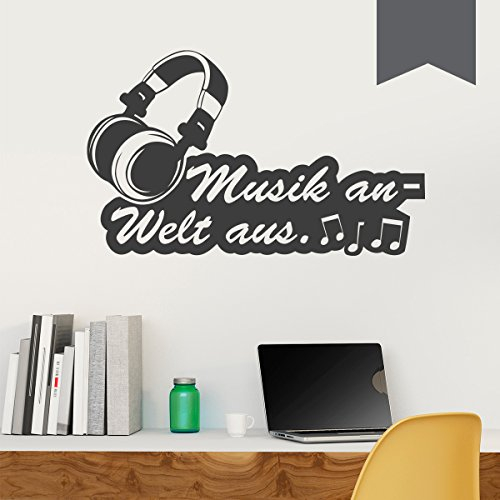 WANDKINGS Wandtattoo - Kopfhörer, Musik an - Welt aus - 100 x 60 cm - Dunkelgrau - Wähle aus 5 Größen & 35 Farben