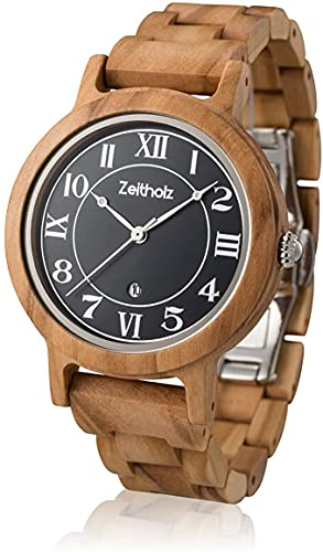 Zeitholz Holzuhr Damen, Armbanduhr, Holzband, Analog, Quarz, Wolkenstein Holzuhren 36mm, 100% Naturholz mit Japanischem Quarzwerk. (Oliven)