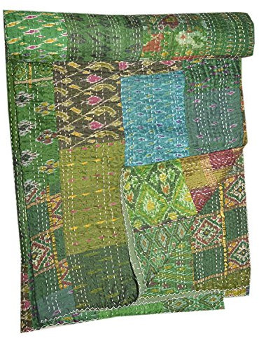 Sophia-Art Vintage Patola Kantha Patchwork Quilt-Überwurf Gudri Queen Size, Farbe: Grün