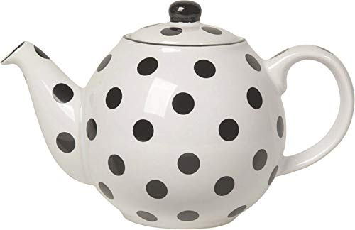 London Pottery Théière Globe à pois avec passoire, en céramique, blanc/noir, capacité de 2 tasses (500 ml), blanc/noir