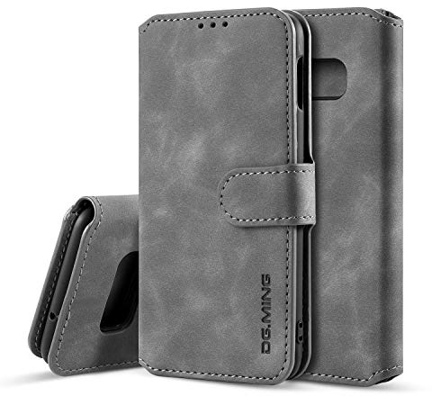 UEEBAI Handyhülle für Samsung Galaxy S10 Plus, Hülle Retro Premium PU Leder Weiche Klapphülle Magnetverschluss Wallet Kartenfach Standfunktion Anti Kratzern Flip Case Trageband Schutzhülle - Grau