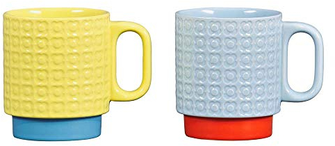 Orla Kiely Set mit 2 stapelbaren Keramikbechern – gepresste Blume, Gelb und Blau