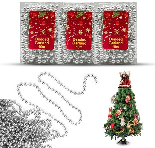 3x Silver 10M Christmas Bead Chains, Luxury Plastic Garland for Xmas Tree Ornaments, Shiny Shatterproof Bead Garland, Party Decor, Traditional Luxury Holiday Decorations