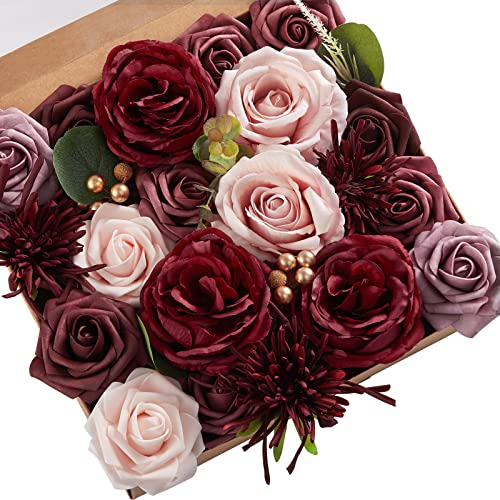 Serwalin Fleurs artificielles en soie bordeaux pour décoration de mariage, fausses roses et rouges avec tiges et boîte de verdure pour bouquet de mariée, centres de table, fleurs pour fête, fête