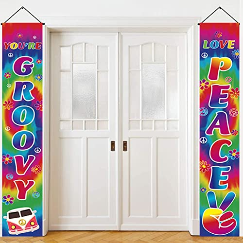 LOONELO Peace Groovy Love Porch Banner mit Retro Hippie Boho Veranda Türschild für 60er Jahre Hippie Thema Groovy Party Dekorationen (Regenbogen)