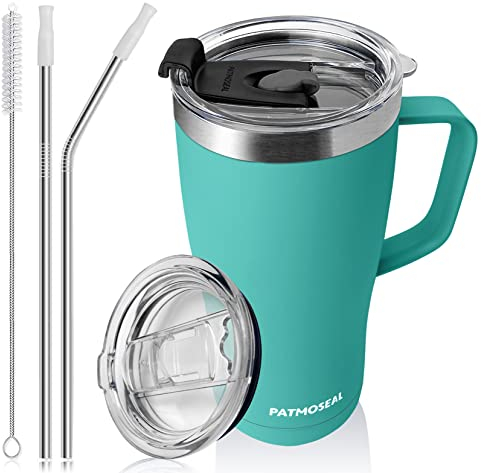 patmoseal Insulated Travel Mug with Handle Straw & 2 Spill-Proof Lids, Thermal Cup Coffee Tumbler Tea Flask for Hot Cold Drinks 600ml/20oz (Lake Green)