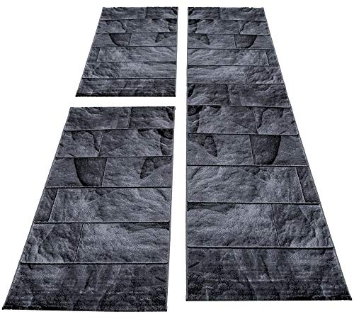 Carpettex Bettumrandung Schlafzimmer 3teilig Kurzflor Teppich Steinoptik Schwarz Grau Meliert Bettset:2 mal 80x150 cm + 1 mal 80x300 cm - Bettvorleger Schlafzimmer Läufer Set Bettumrandung Teppich