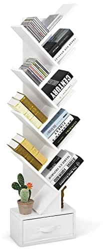 GIANTEX Libreria ad Albero, a 8 Ripiani, Scaffale per Libri con Cassetto Rimovibile, Design di Antiribaltamento, Organizzazione per CD, Riviste, Libri, 38x20x149,5 cm, Marrone/Bianco