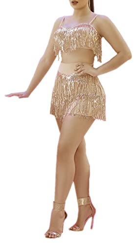 Mugoebu Bauchtanz-Hüftrock mit BH-Oberteil, Pailletten, Quaste, Hüfttuch, Rave-Party-Kostüm für Damen 2-teiliger Latin-Samba-Tango-Tanzanzug mit Quasten (Gold, Medium)
