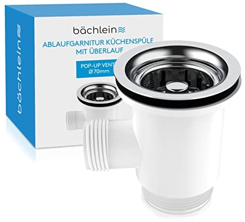 Bchlein Pop Up Drain Fitting with Overflow for the Sink, 70mm, Stainless Steel & Silicone, Kitchen Sink Drain