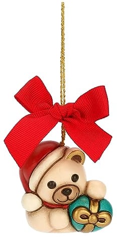 THUN - Addobbo Natalizio Teddy con Regalo in Ceramica Decorata a Mano, Versione Piccola, Decorazioni Natale Casa, 5x3.8x5.5 cm h