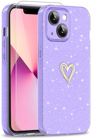 ScandiCasis iPhone 14 Plus Glitter Case with 1 Pack Screen Protector, Cute Heart Pattern Protective Shockproof Soft Slim Silicone TPU Phone Case for Women Girls