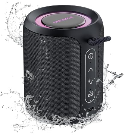 Deeyaple Bluetooth Lautsprecher Klein Tragbarer Musikbox 5.3 IPX7 Wasserdicht Kabellose Stereo Pairing Freisprech RGB Licht für Outdoor Camping Garten Party Reise 50% Lautstärke12H Wiedergabe Schwarz