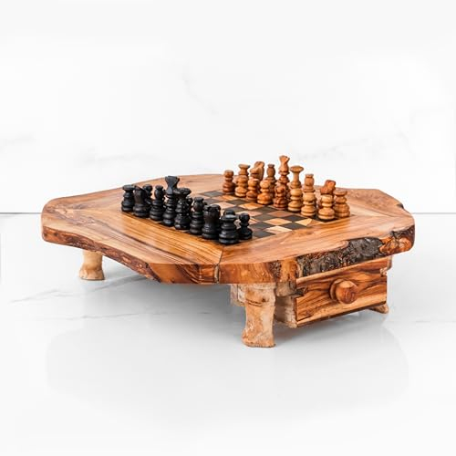 Échiquier Rustique avec tiroir en Bois d'olivier - Jeu d'échecs Fait à la Main - 100% Bio - Échiquier en Bois Naturel avec Pieds et tiroir intégré et 32 pièces sculptées à la Main (Noir)