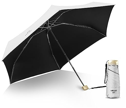 HERCHR Parapluie Solaire, Mini Parasol De Voyage Pliable, Petit Parapluie Compact, Léger Et Portable, Parasol De Voyage pour Femme(Blanc)