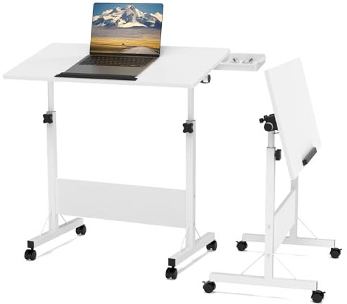 PIPIPOXER 80x40cm Laptoptisch mit Rollen, Klappbarer Computertisch, Laptoptisch Höhenverstellbarer 64-89cm, Schreibtisch Computertisch Mobiler Stehtisch Überbett-Tisch 360 Drehbaren,Beistelltisch,Weiß