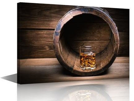 Wall Decor Glass of Scotch Whiskey Canvas Wall Art Vintage Wooden Barrel Modern Artwork for Office Picture Print on Canvas Decorations for Bar Club Pub Framed Ready to Hang for Bedroom Home 24x16in