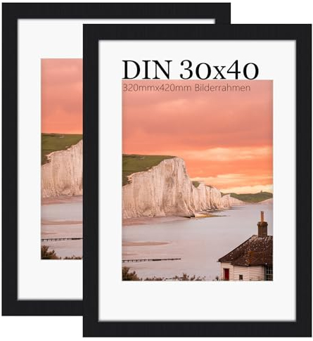UHOUSEST Lot de 2 cadres photo, 30 x 40 cm, en bois noir, mat, avec plateau en verre en plastique, montage mural, cadre pour poster, design classique et élégant