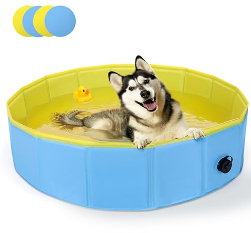 Nobleza Piscina para Perros Grandes y Pequeños, Bañera Plegable Rigida Antideslizante para Mascotas, Gatos, 160 * 30cm, L, Azul & Amarillo
