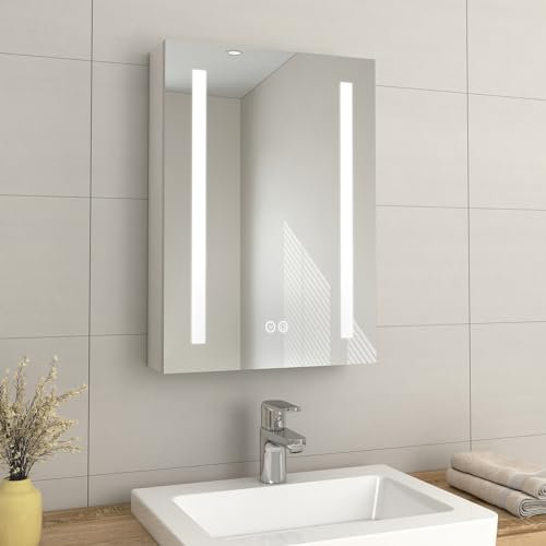 EMKE LED Lights Bathroom Cabinets - Wall Mounted Bathroom Cabinets with Shaver Socket | Adjustable Shelf, Illuminated Mirror Cabinet with Demister Touch Dimmable & 3 Colors, 500 x 700 x 145 mm