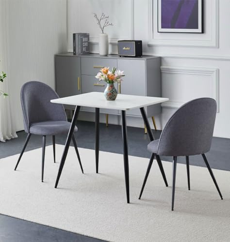 Hallowood Furniture Cullompton Small Kitchen Table and Chairs Set 2 80x60cm | 2 Seater Table and Chairs in White Marble Effect Table Top and Grey Fabric Seats, Space Saving Modern Kitchen DIning Room Set
