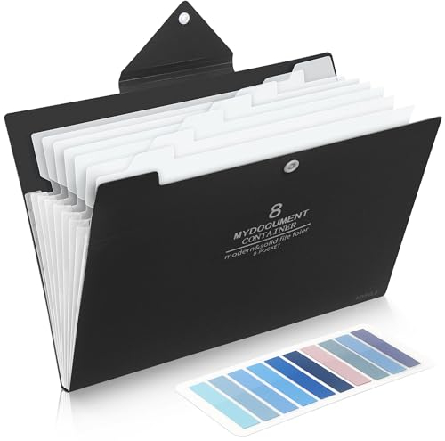 Dokumentenmappe A4 Mit 200-Etiketten, 8-Fächer Mappe, Sammelmappe Mit Druckknopf Für Zuhause, Büro, Schule Und Auf Reisen (Schwarz)