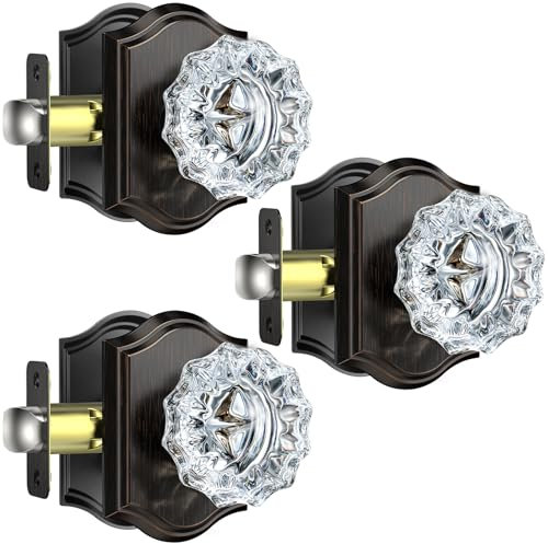 Calzibeno 3 Pack Crystal Door Knobs, Passage Glass Crystal Knobs for Hall and Closet, Oil Rubbed Bronze, Vintage Style Set