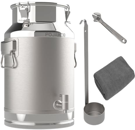 POJAIKOB Milchkanne mit Zapfhahn und Schöpflöffel, 304 Edelstahl, 20 l verschließbarer Deckel – luftdichter Frischhaltedose für Zuhause, Bauernhof, kommerzielle Küche (Milch/Wein/Getreide)
