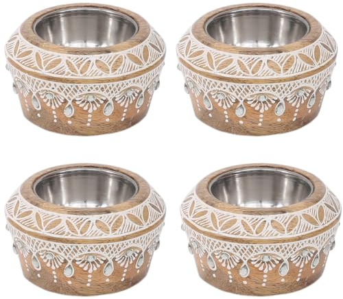 4er Set Boho Teelichthalter Anasuya aus Mangoholz in Braun-Weiß 9 cm