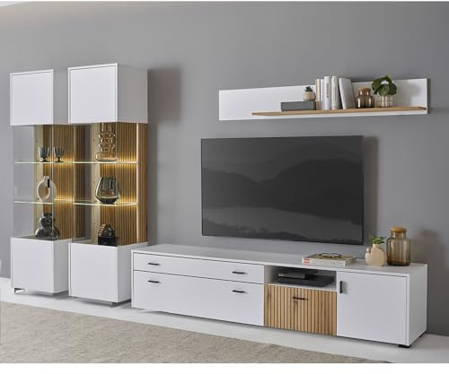 Lomadox Wohnwand TV-Wand Mediamöbel Wohnzimmer Set mit Beleuchtung Vitrinen Lowboard 200cm Wandregal weiß matt Eiche