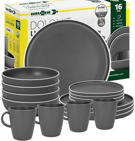 BRUNNER: Melamin Geschirr-Set Camping | 16-Teilig - Teller & Kaffe-Becher für 2-4 Personen | DOLOMIT Lunch Box - Stapelbar, Kratzfest