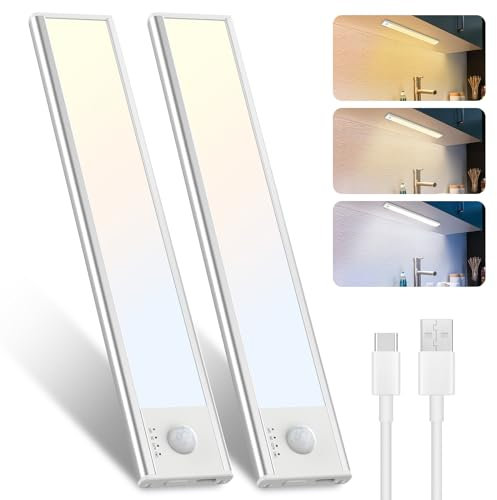 Libtit 23CM Under Cabinet LED Kitchen Light, USB Rechargeable Motion Sensor, 3000K-6500K Dimmable, Wireless Shelf Lighting for Cupboards, Stairs, Hallway, Garage, 2 Pack