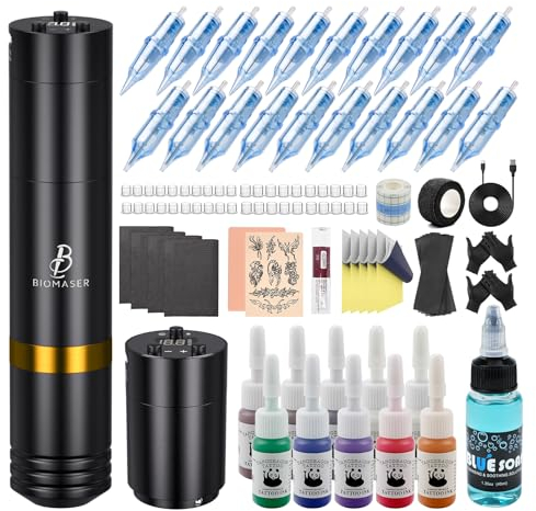Biomaser Kabellose Maschine Set Wireless maschine set Rotary Pen maschine set 2 pcs 1500mAh battery mit 20 Stück Nadel 10 Flaschen Tinte für Professional Anfänger und Künstler (Golden)
