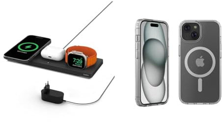 Belkin MagSafe drahtloses 3-in-1-Ladegerät, MFi-zertifiziertes Ladepad, MagSafe Ladestation & Belkin SheerForce antimikrobielle, mit MagSafe kompatible Handyhülle für iPhone 15