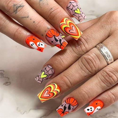 24Pcs Halloween Fake Nails - Cute Heart Pumpkin Ghost Square False Nails - Square Cute Cobweb Press on Nails - Full Cover Stick on Nails for Women and Girls Manicure Decorations