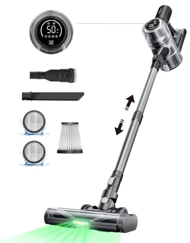 Proscenic P13 Cordless Vacuum Cleaner, 35Kpa Stick Vacuum Cleaner, Green LED Headlights, Anti-Hair-Tangle Brush, Cordless Hoover with Touch Display, 450W up to 45 Mins, For All Floor (Black)