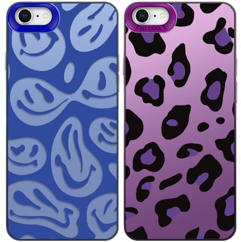 Tedyhulle 2 Stück Handyhülle für iPhone 7/8/SE 2020/SE 2022, Lustiges Lächeln Gesicht und Leopard Muster, Weiche TPU Stoßstange mit Hard PC Fall, Stoßfeste Kratzfeste Schutzhülle, Lila und Blau