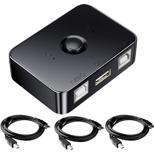 MISYNLON USB 2.0 Sharing Switch, selettore stampante USB B 2 in 1, interruttore USB 2 computer che condividono con Luce LED, per stampante, scanner, tastiera, Include 3 cavi USB 2.0 da 1,5M