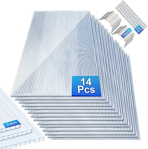 Herrselsam 14xPolycarbonat Hohlkammerstegplatten 4mm Doppelstegplatte für Gewächshaus(60.5x121cm) 10,25 m² Gewächshausplatte UV-beständigen für Gewächshaus Garten mit 50xKlammern 50xZ-Clips