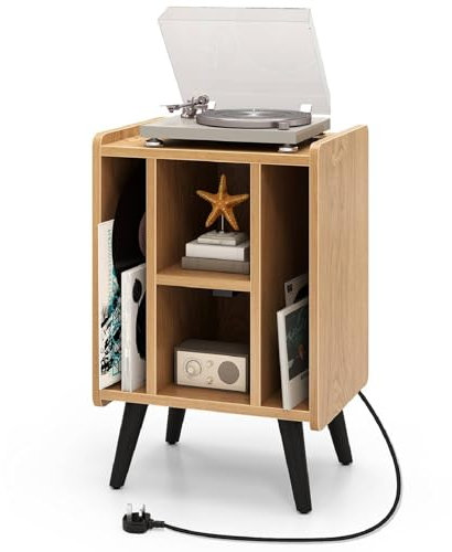 COSTWAY Record Player Stand with Charging Station, Turntable Stand End Sofa Side Table with 4 Open Shelves, Wooden Albums Vinyl Record Storage Cabinet Holder for Living Room Bedroom (Natural)