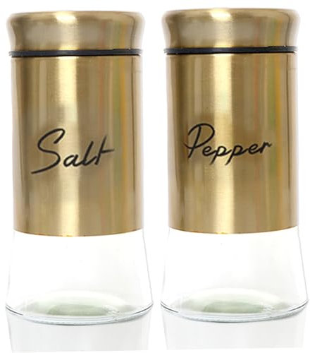 Saleros para Cocina Juego de saleros y pimenteros de 150 ml Saleros y pimenteros de Cristal con Tapas de Acero Inoxidable Accesorios para especieros rellenables Dorado