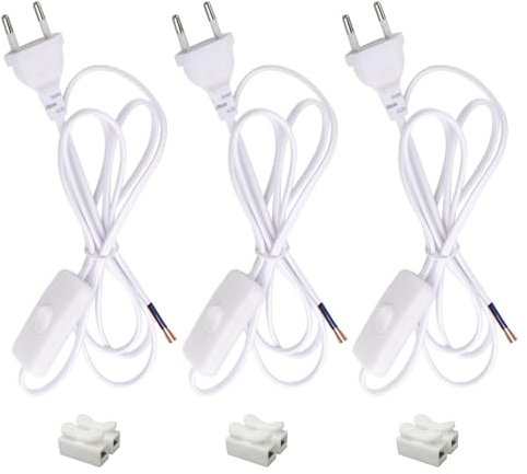 TXErfolg 3 Piezas Cable con Interruptor y Enchufe 1.8M Cables de Alimentación con Interruptor, 2 x 0,75 mm², Cables de Conexión con Enchufe para Lámparas, Lámparas, Lámparas de Pie (Blanco)