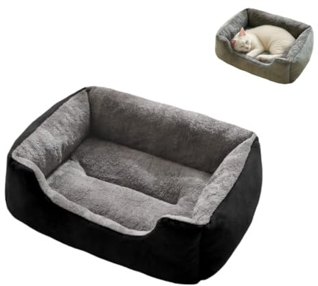 Großes Hundebett mit Seiten, weiches Plüsch, beruhigendes, rechteckiges Katzenbett mit rutschfester Unterseite, Haustierbett für kleine, mittelgroße und große Haustiere (schwarz, 80 x 60 x 5 cm)